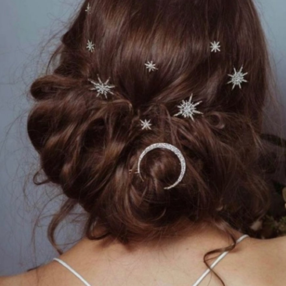 Gold Moon and Stars Rhinestone Hair Pins 3 Clips Set Sparkle Barrettes Hairpins